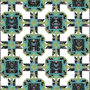 May include: A repeating pattern of quilt blocks featuring a butterfly and floral design. The blocks are framed in teal and black, with a white background. The butterflies are in shades of blue, purple, and yellow.