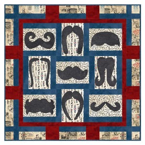 May include: A patchwork quilt with a barber shop theme. The quilt has a blue and red colour scheme with a grid pattern. The centre features black moustache designs on white backgrounds. The borders are decorated with barber shop tools.
