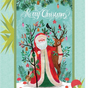 May include: A festive Christmas illustration depicting Santa Claus in a red coat with white trim, accompanied by a reindeer. The image includes a rabbit, birds, and mushrooms, with the words "Merry Christmas" in script.