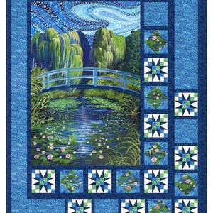 May include: A blue and green quilt featuring a painting of a blue bridge over a pond with lily pads and weeping willow trees. The quilt has a starry sky background and star-shaped and square patterned borders.