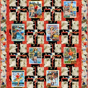 May include: A vintage-style quilt featuring a patchwork design of red, black, and white squares. Each square contains a different illustration of a woman fishing, with text such as "Fishing is Calling" and "Let's Have Fun".