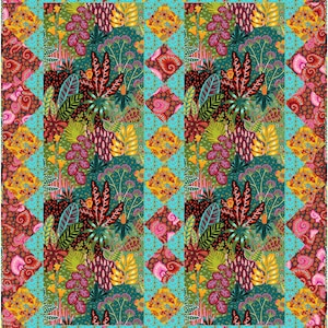 May include: A colorful quilt featuring a vibrant botanical design. The quilt showcases a central panel with lush, tropical foliage in shades of green, red, and yellow. The border is a patchwork of turquoise, pink, and orange geometric shapes, creating a lively and artistic textile.