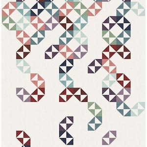 Puede incluir: Patrón geométrico abstracto con fondo blanco y un diseño de triángulos superpuestos en tonos de azul, verde, morado, rojo y blanco.