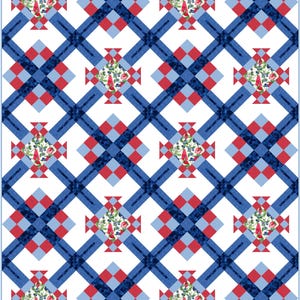 May include: A repeating pattern featuring a grid of intersecting blue lines over a white background. Red and light blue squares are interspersed within the grid. Floral and berry motifs are centered within the pattern, creating a decorative design.