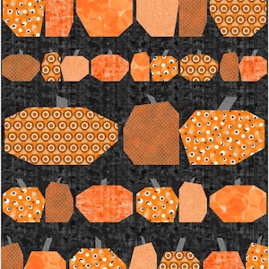 Peut inclure: Un motif patchwork avec diverses formes de citrouilles orange avec des tiges grises sur un fond gris foncé. Les citrouilles présentent différents motifs, notamment des pois, des cercles et de l'orange texturé. Idéal pour les créations sur le thème de l'automne.