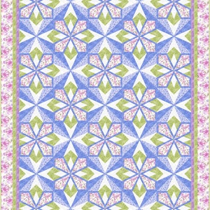 May include: A quilt with a geometric pattern of blue, green, and white stars. The quilt has a border of pink and green floral fabric.