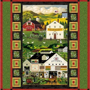 Puede incluir: Un edredón colorido con una escena rural detallada con graneros, casas y campos. El edredón tiene un borde verde y rojo con patrones cuadrados y rectangulares. La imagen central representa un campo pintoresco con personas y animales.