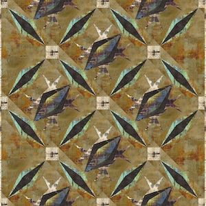 May include: Abstract geometric pattern featuring repeating diamond and star shapes in shades of brown, teal, and black. The design has a textured, aged appearance, with a border.