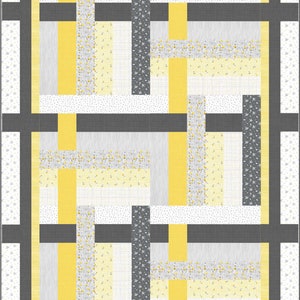 May include: A quilt pattern with a geometric design featuring yellow and gray squares and rectangles on a white background with a small floral pattern.