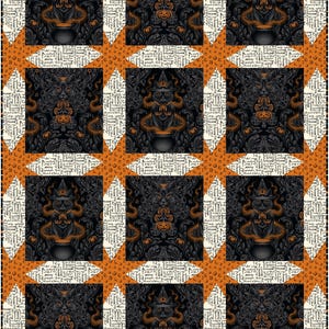 May include: Halloween-themed fabric with a repeating pattern. The design features a black cat wearing a witch hat, holding a cauldron, and a pumpkin. The background is a mix of orange, black, and cream colors.