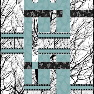 Puede incluir: Patrón geométrico abstracto con ramas negras y diseños de hojas azules y blancas. El patrón está formado por cuadrados y rectángulos.