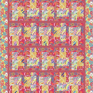 May include: A colorful quilt with a patchwork design. The quilt features squares with rainbow arches, yellow rectangles, and pink floral accents. The border is a mix of red, yellow, and orange polka dots.