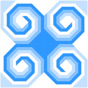 Może przedstawiać: Geometriczny wzór w kolorze niebieskim i białym z czterema wirującymi wzorami. Wzór składa się z ośmiokątów z niebieskim środkiem.