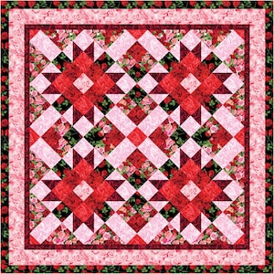 Pode incluir: Um padrão de colcha com fundo preto e um padrão repetido de rosas vermelhas e rosas. A colcha é composta por uma série de quadrados com uma forma de estrela no centro de cada quadrado. As estrelas são formadas por triângulos que alternam entre vermelho e rosa.