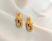 Gold CZ Pave Tube Huggie Hoops with Removable Chain Link Charm
