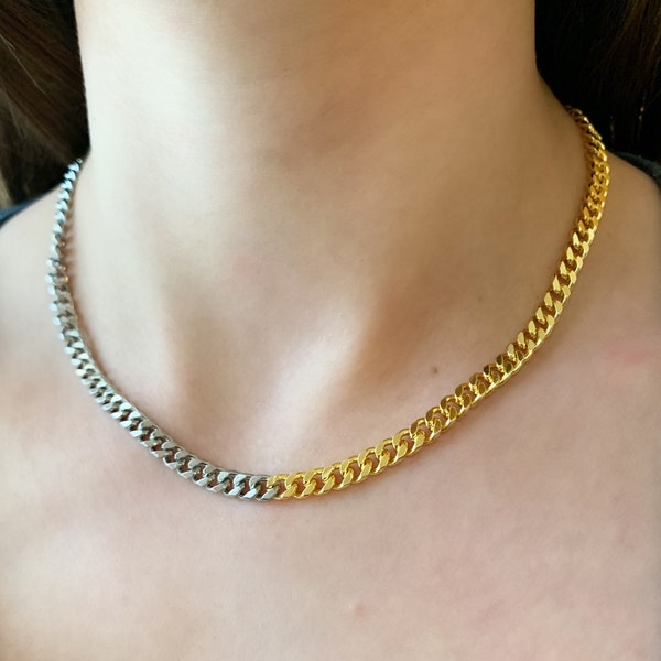 Silver & Gold Mixed Metal Curb Chain Necklace | Layering Two Tone Chain