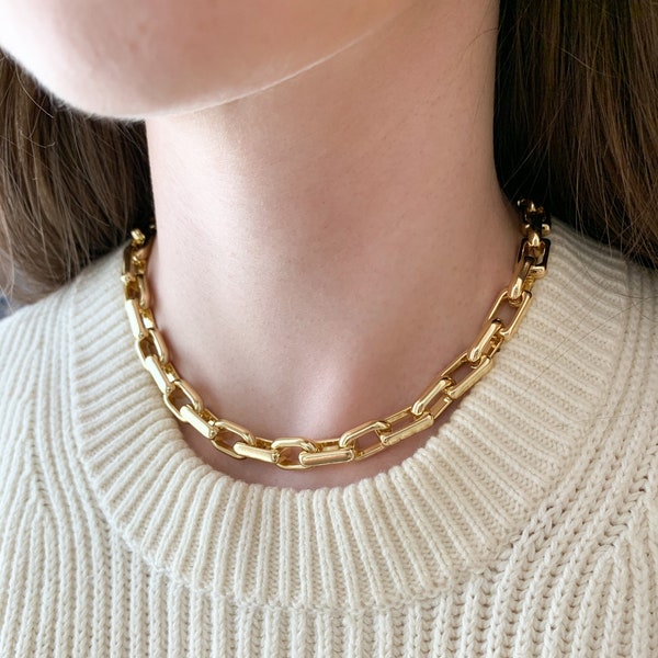 Gold Chunky Paperclip Chain Necklace, Oversized Link Chain Choker, Adjustable Length