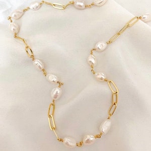 24k GF Gold Filled Freshwater Pearl Chain Necklace, Adjustable Length