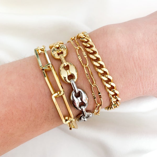 Gold & Silver Two Tone Sailor Nautical Chain | Statement Layering Bracelet | Soda Tab Chunky Bracelet