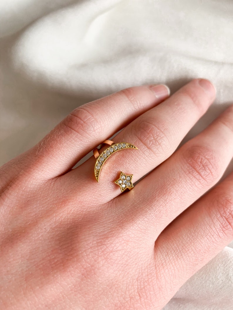Gold Adjustable Star and Moon Ring Stacking Celestial Ring One Size Fits Most