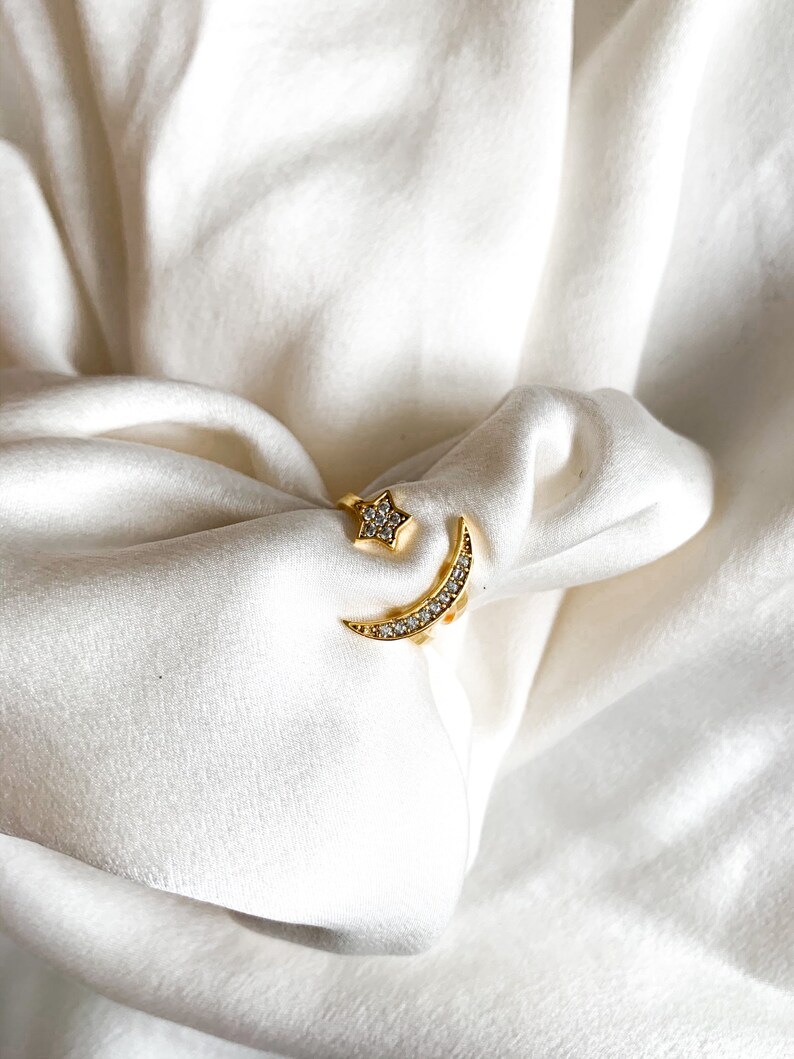 Gold Adjustable Star and Moon Ring Stacking Celestial Ring One Size Fits Most