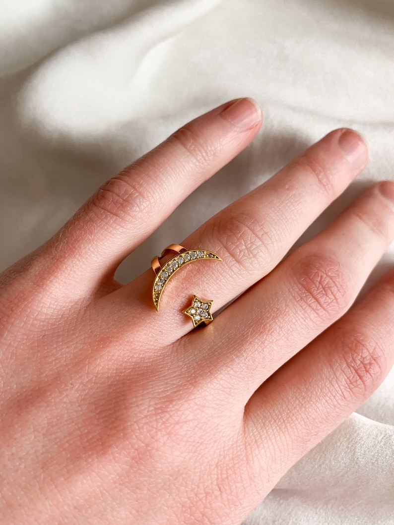 Gold Adjustable Star and Moon Ring Stacking Celestial Ring One Size Fits Most