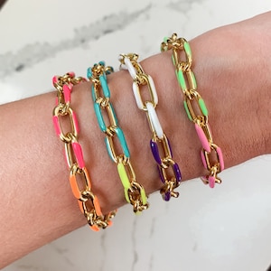 Gold & Rainbow Colored Paperclip Chain Bracelets - White, Hot Pink, Orange, Yellow, Aqua Blue, Purple