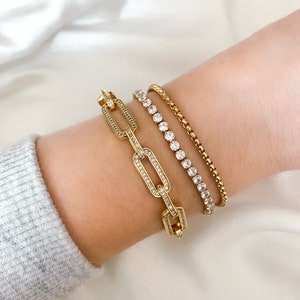 Gold CZ Cubic Zirconia Pave Paperclip Link Chain Bracelet | Elongated Oval Mixed Link Bracelet