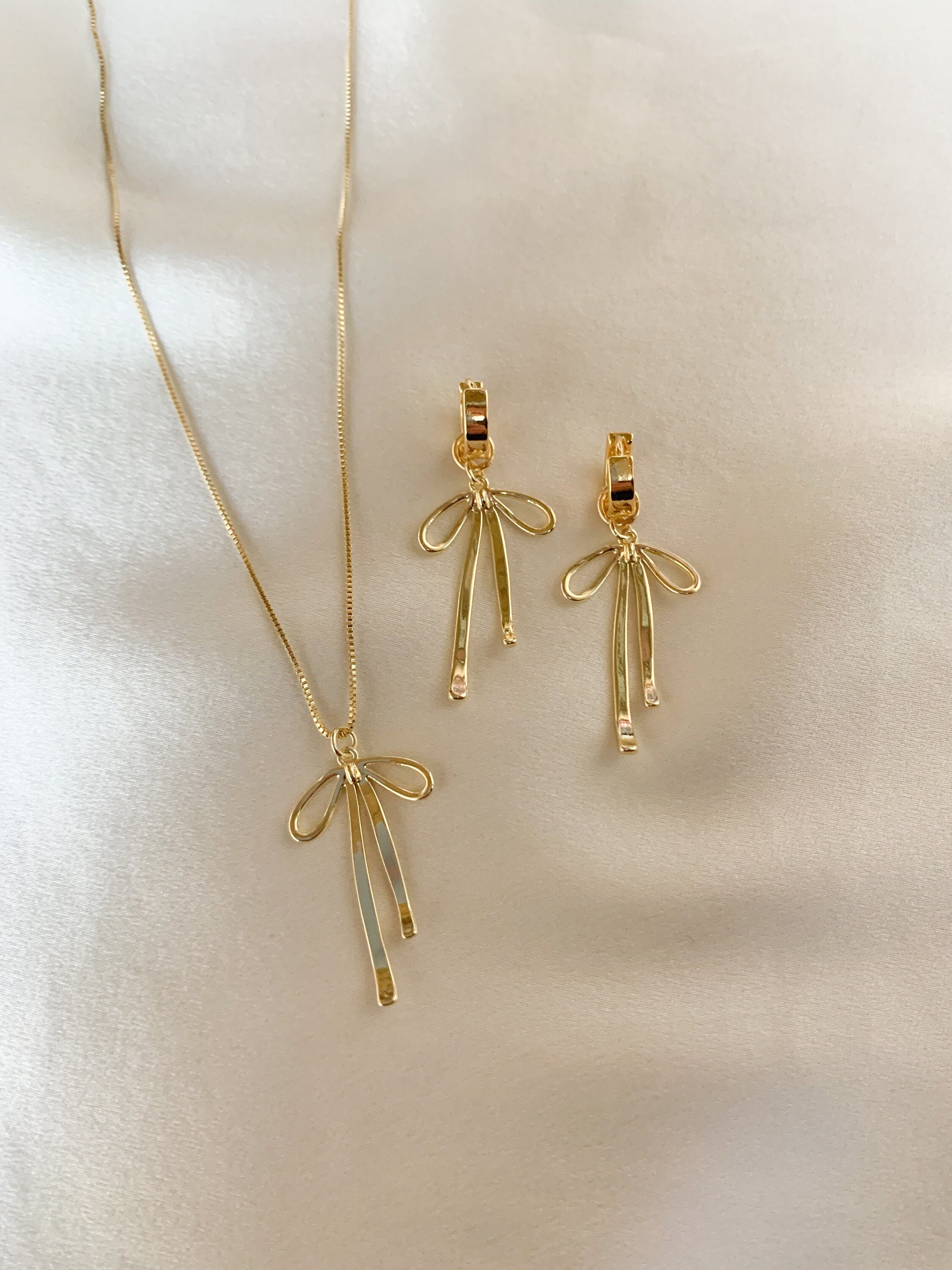 14K Gold Plated Bow Jewelry Set For Women - Dainty Bow Necklace & Huggie Hoop Earrings