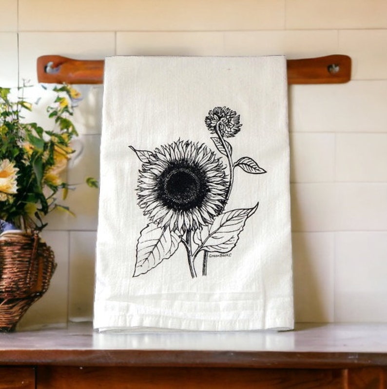 Sunflower Tea Towel, Flour Sack Tea Towel, Floral Kitchen Towel image 1