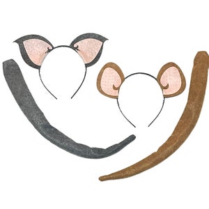 Mouse and or Cat Ears Tail animal headband birthday party favor children kid adult baby child Cartoon Halloween Costume grey gray brown