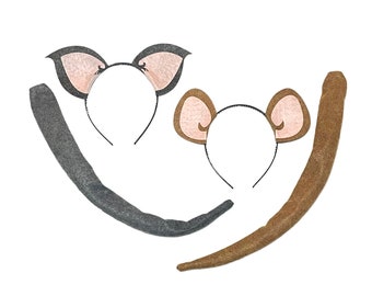 Mouse and or Cat Ears Tail animal headband birthday party favor children kid adult baby child Cartoon Halloween Costume grey gray brown