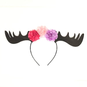 Moose Antlers with Flowers headband birthday party ears favors woodland woods forest Halloween costume toddler child baby adult kids