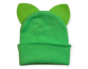 Cat Ears Mix and Match Ski Beanie Hats Halloween Costume Warm Skull Caps Fits Most Adults Children and Toddlers Variety Colors Lime Green