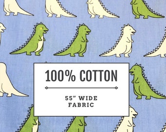 60” brett 100% bomullstyg, säljs i färdigskuren meter, blå dinosaurie, sömnad, kläder, quiltning, skickas samma eller nästa arbetsdag