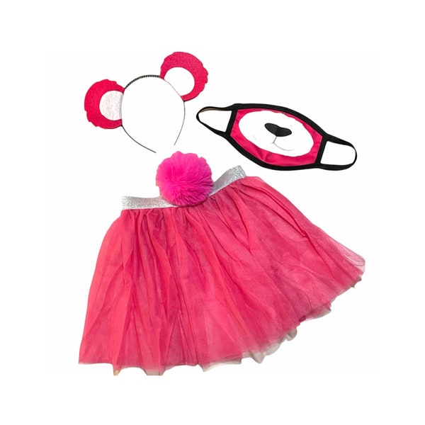 Hot Pink Headband Tutu Tail FaceMask Bear Ears birthday party favors womens womans girls costume care colorful baby babies kid child Adult