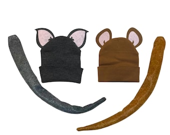 Mouse and or Cat Ears & Tail headband or beanie hat Halloween costume or birthday party favors fits children and adults