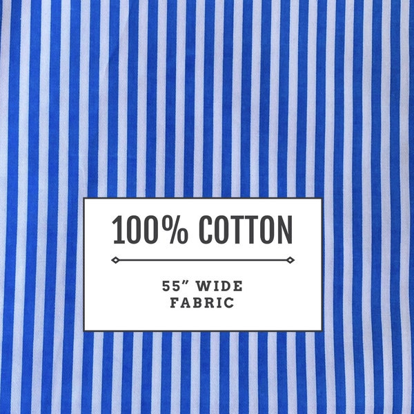 55” Width 100% Cotton Fabric White and Blue Stripes Sold by the Yard, Fat Quarter, or Face Mask DIY Kit Shipped Same or Next Business Day