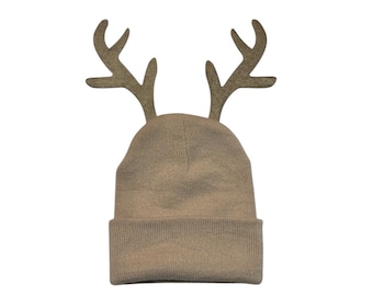 Cream Antlers deer elk reindeer Hat warm knit skull cap birthday party Rudolf child kids adult animal woodland Christmas Halloween Costume