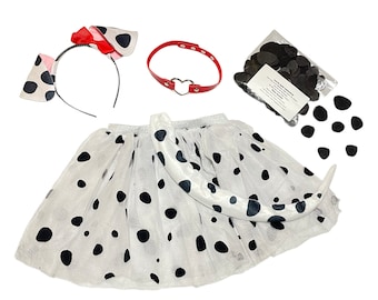 Dalmatian Ears Headband Red Bow Tutu Face Mask Tail Set party favors Dalmation Puppy Dog black spots Halloween costume baby children adult