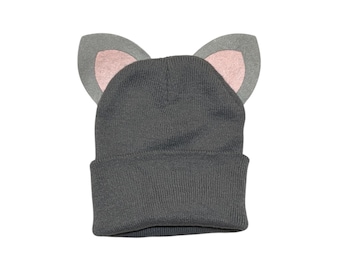 Beanie Hat with Ears Tutu or Tail Cat Kitten Kitty Ears kid child children adult warm winter costume Grey with Pink