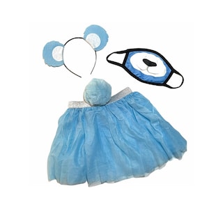 May include: A blue tulle tutu skirt with a silver glitter waistband, a blue headband with fuzzy bear ears, and a blue face mask with a white bear face.