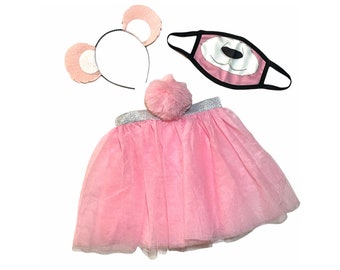 Light Pink Headband Tutu Tail FaceMask Bear Ears birthday party favors womens womans girls costume care colorful baby babies kid child adult