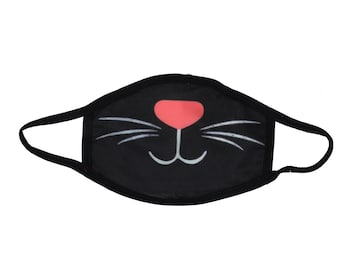 Black Kitty Cat Animal Face Mask Nose Mouth and Ears Clothe Facemask with nose wire filter pocket Womens men boy girl teen stocking stuffer