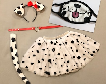 Dalmatian Puppy Dog Ears Tutu Tail Headband black white spots Dalmation Halloween costume animal baby children adult birthday party favors