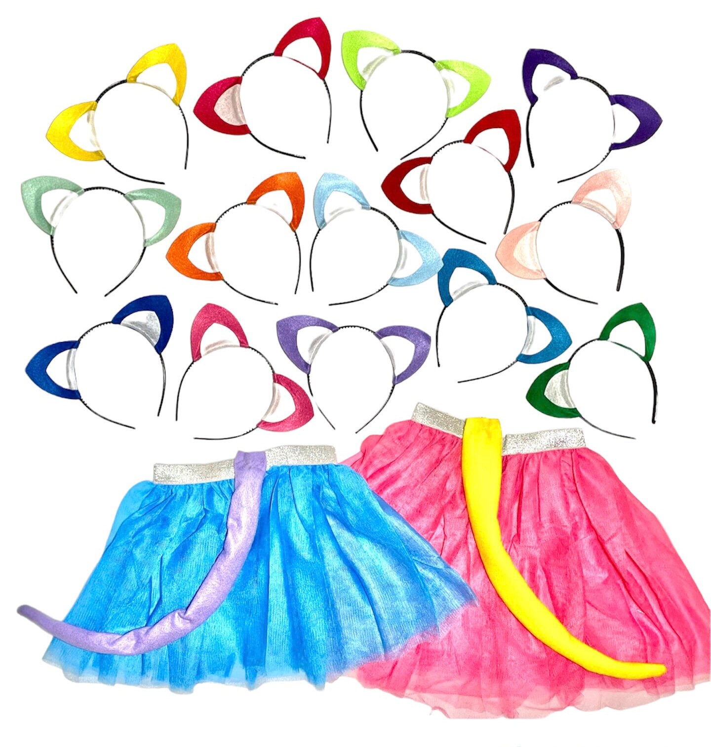 Headband Tutu Tail Cat Kitten Kitty Theme Ears birthday party favors baby kid child children costume colorful Pink Blue Yellow Purple Green