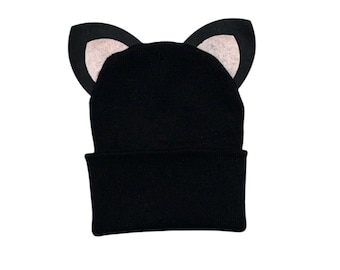 Beanie Hat with Ears Tutu or Tail Cat Kitten Kitty Ears kid child children adult warm winter costume Black with Pink