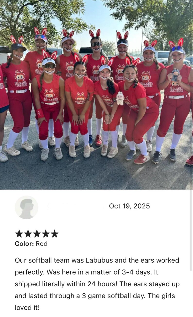 Puede incluir: Un grupo de personas con uniformes de softbol rojos y diademas con orejas de conejo. Los uniformes tienen un logotipo. El equipo est&aacute; al aire libre en un d&iacute;a soleado.