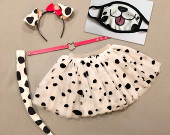 Dalmatian Puppy Dog Ears Headband Tutu Tail Face mask black white spots Dalmation baby children adult birthday party favor stocking stuffer