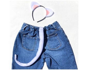 White and Pink Kitty cat ears headband and Tail set birthday party Halloween favors theme kitten kid children child adult baby babies